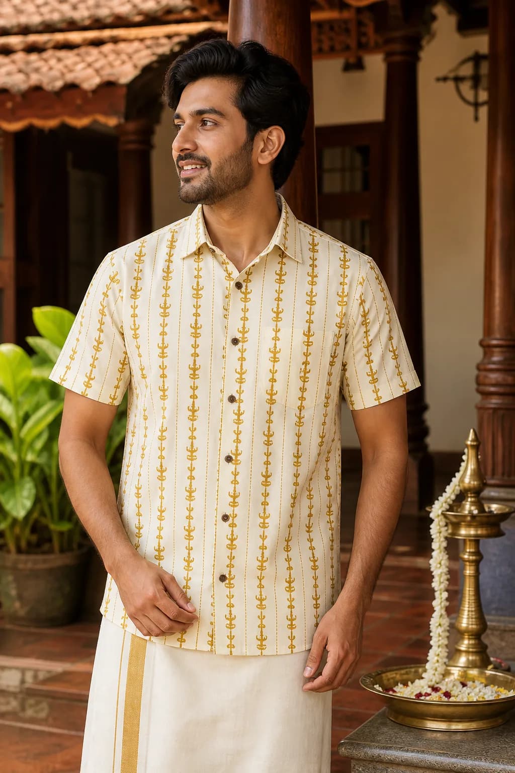 Cream Nilavilakku Stripe Shirt — Onam Lamp Motif